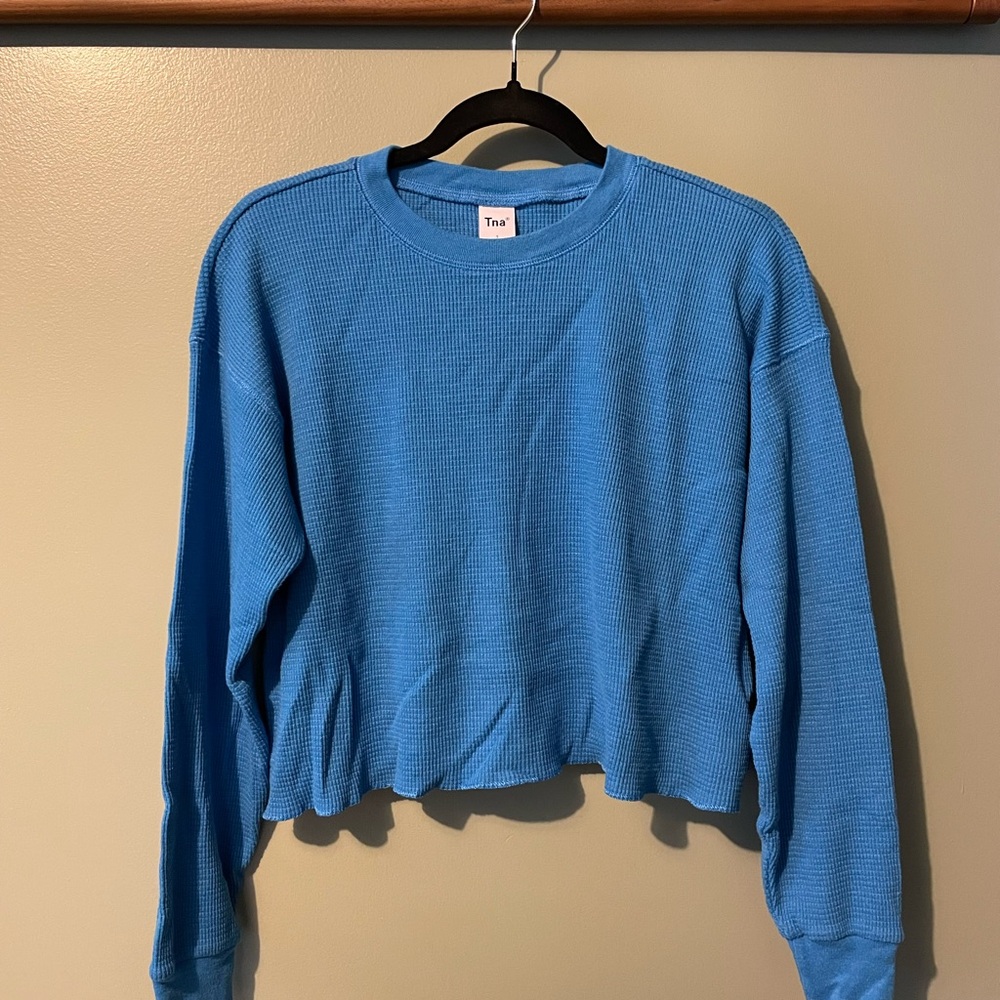 TNA Blue Cropped Waffle Top